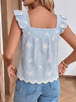 Blouse pour femme bleu ciel clair à col carré haut décontracté sans manches
