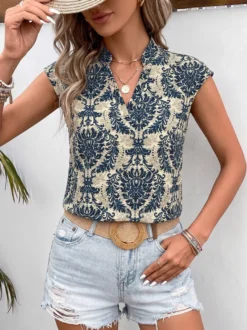 Blouse pour femme bleu foncé imprimée à col montant chic sans manches