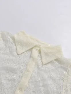 Blouse pour femme en dentelle abricot à volants et col rabattu élégante manches longues.