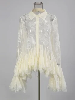 Blouse pour femme en dentelle abricot à volants et col rabattu élégante manches longues.