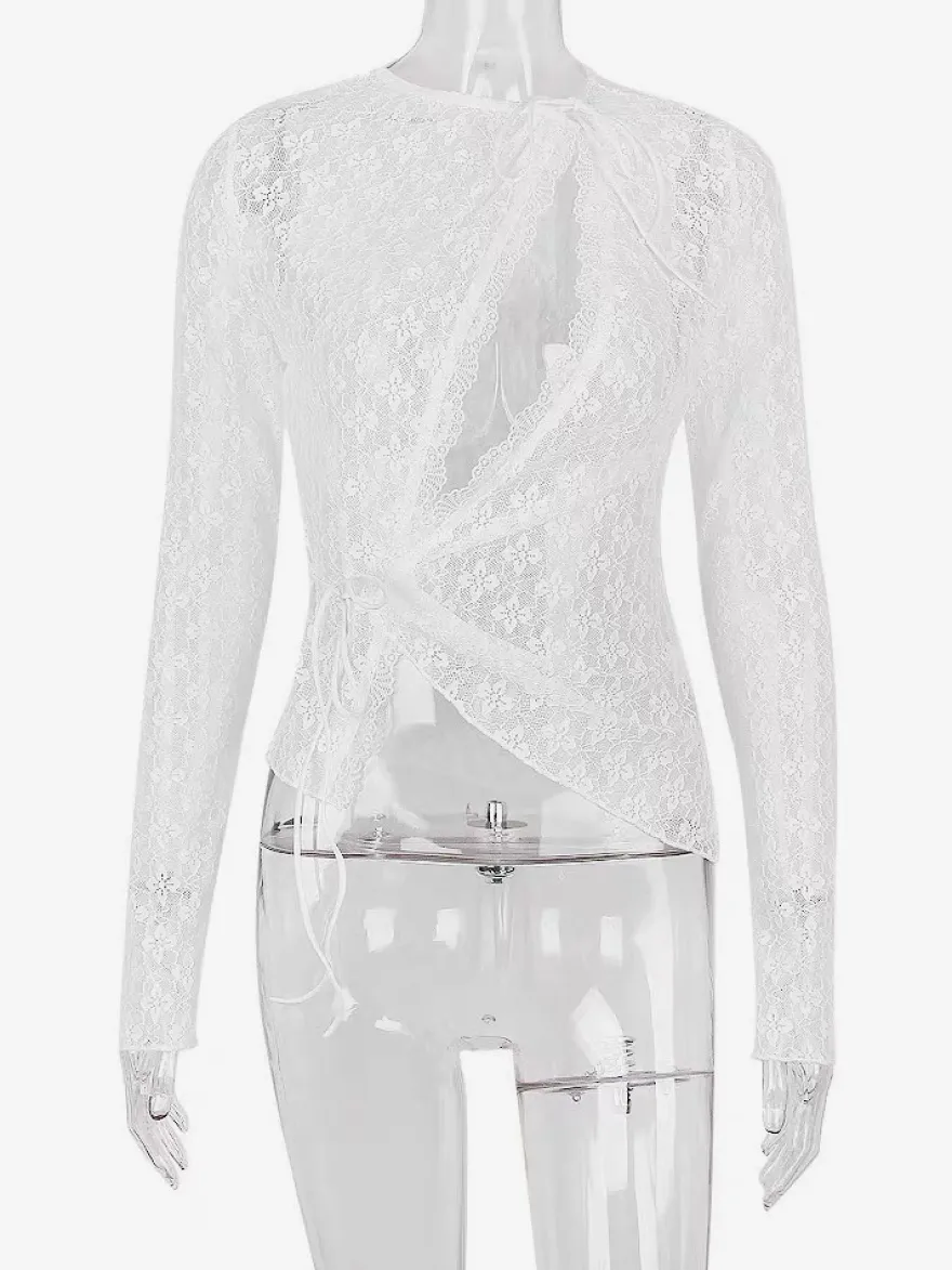 Blouse pour femme en dentelle blanche à col bijou manches longues et découpes sexy