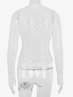 Blouse pour femme en dentelle blanche à col bijou manches longues et découpes sexy