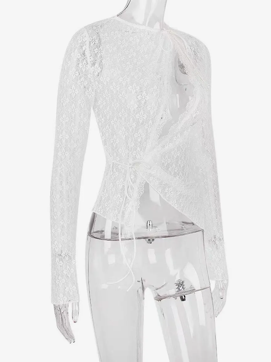 Blouse pour femme en dentelle blanche à col bijou manches longues et découpes sexy
