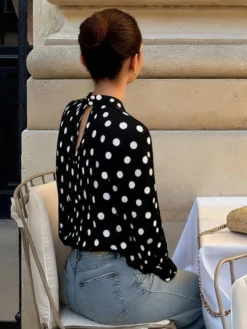 Blouse pour femme marron café à pois plissée à lacets dos nu manches longues style chic