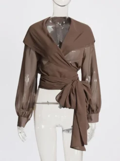 Blouses en mousseline transparente à capuche pour femmes - Hauts cache-cœur marron sexy à col en V et manches lanternes - Soirée rave d'été 2026