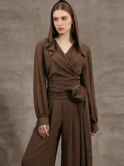 Blouses en mousseline transparente à capuche pour femmes - Hauts cache-cœur marron sexy à col en V et manches lanternes - Soirée rave d'été 2026