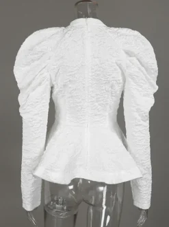 Blouse texturée en jacquard à manches bouffantes col montant taille péplum ourlet évasé