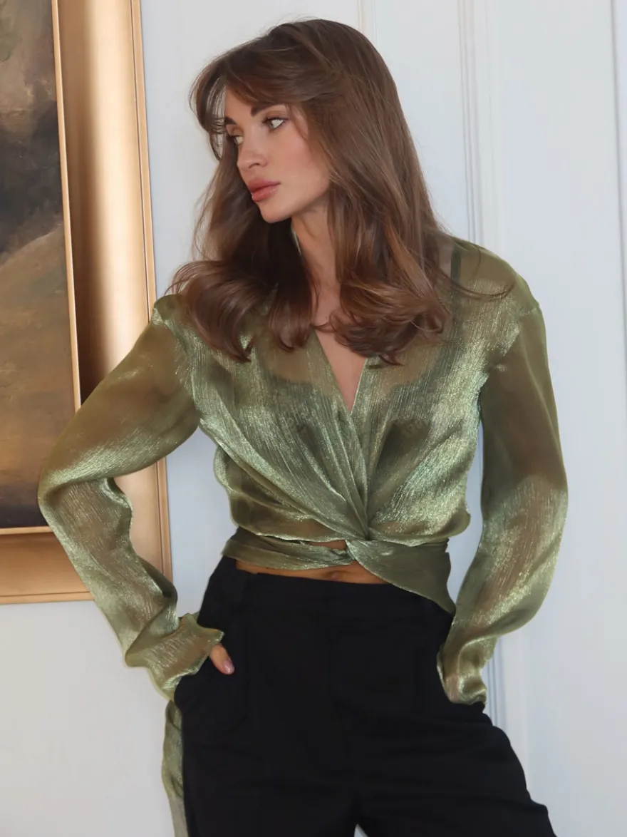 Blouse verte courte à col en V et manches longues élégantes pour femme