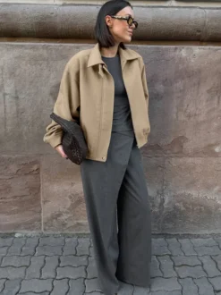 Blouson aviateur femme à épaules tombantes - Harrington minimaliste zippé avec patte de col - Tenues décontractées printemps 2026