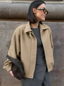 Blouson aviateur femme à épaules tombantes - Harrington minimaliste zippé avec patte de col - Tenues décontractées printemps 2026
