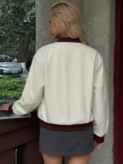 Blouson bomber color block pour femme fermeture éclair col baseball manches longues coupe courte style décontracté