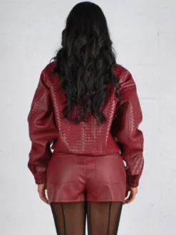 Blouson bomber en similicuir à motif tissé pour femme - Veste courte zippée texturée - Style motard streetwear printemps 2026