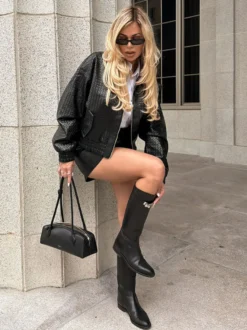 Blouson bomber en similicuir à motif tissé pour femme - Veste courte zippée texturée - Style motard streetwear printemps 2026