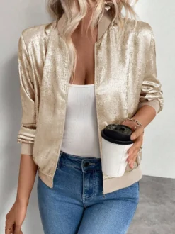 Blouson bomber femme couleur or champagne - Fermeture éclair finitions côtelées coupe ajustée - Vêtements d'extérieur métallisés pour les fêtes de printemps 2026