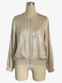 Blouson bomber femme couleur or champagne - Fermeture éclair finitions côtelées coupe ajustée - Vêtements d'extérieur métallisés pour les fêtes de printemps 2026