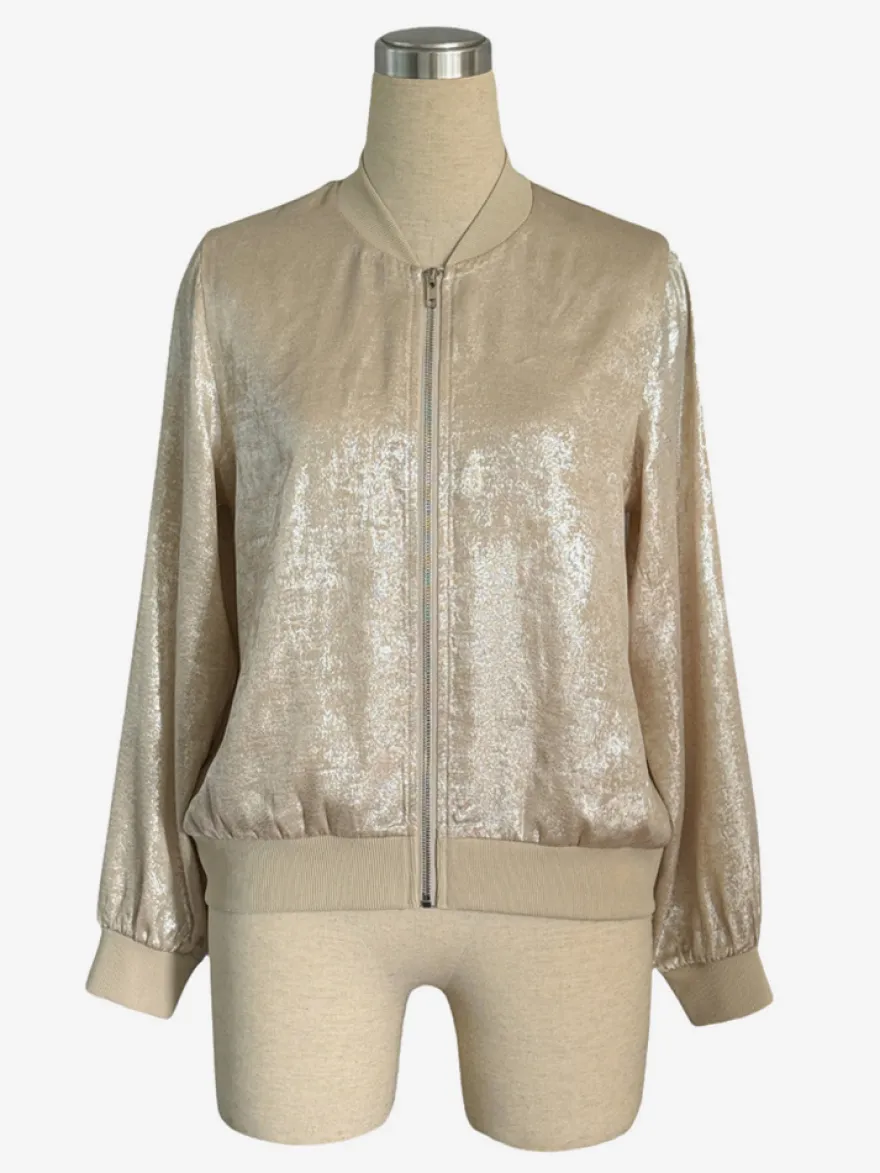 Blouson bomber femme couleur or champagne - Fermeture éclair finitions côtelées coupe ajustée - Vêtements d'extérieur métallisés pour les fêtes de printemps 2026