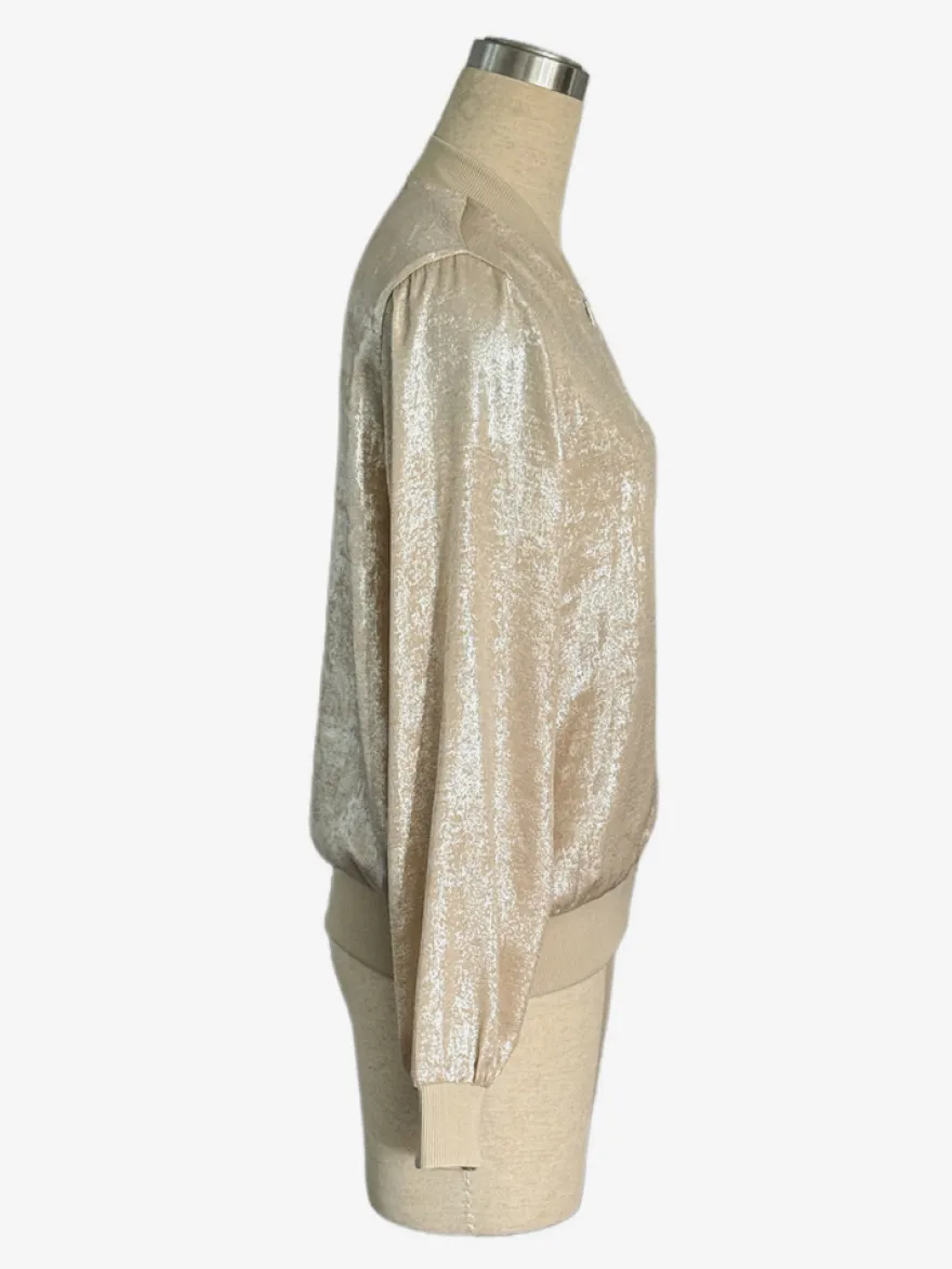 Blouson bomber femme couleur or champagne - Fermeture éclair finitions côtelées coupe ajustée - Vêtements d'extérieur métallisés pour les fêtes de printemps 2026