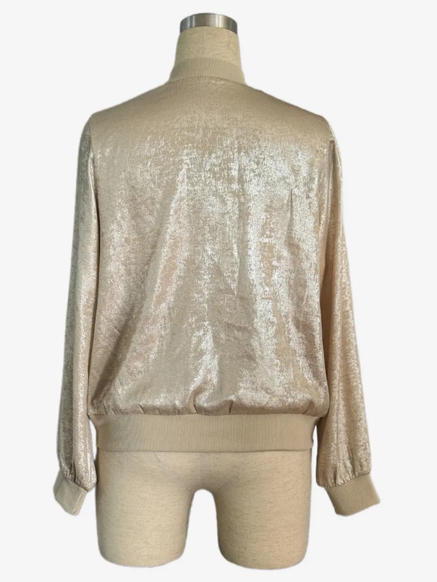 Blouson bomber femme couleur or champagne - Fermeture éclair finitions côtelées coupe ajustée - Vêtements d'extérieur métallisés pour les fêtes de printemps 2026