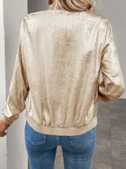 Blouson bomber femme couleur or champagne - Fermeture éclair finitions côtelées coupe ajustée - Vêtements d'extérieur métallisés pour les fêtes de printemps 2026
