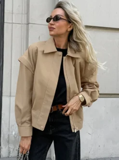 Blouson bomber léger kaki pour femme - Vêtement d'extérieur minimaliste à col zippé - Style streetwear décontracté chic et discret pour le printemps 2026