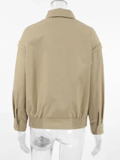 Blouson bomber léger kaki pour femme - Vêtement d'extérieur minimaliste à col zippé - Style streetwear décontracté chic et discret pour le printemps 2026