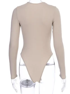 Body Abricot Léger Manches Longues Passepoil Stretch Encolure Crantée Sexy Top En Coton Pour Les Femmes