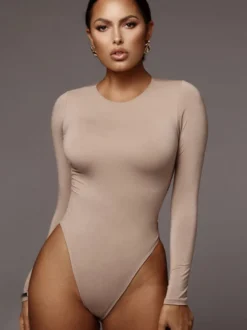Body Abricot Léger Manches Longues Passepoil Stretch Encolure Crantée Sexy Top En Coton Pour Les Femmes