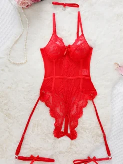 Body corset en dentelle florale pour femme avec jarretières amovibles décolleté plongeant lingerie transparente nuisette