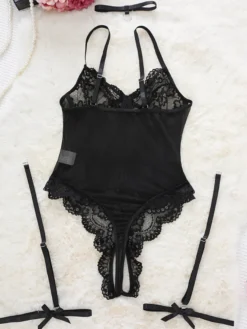 Body corset en dentelle florale pour femme avec jarretières amovibles décolleté plongeant lingerie transparente nuisette