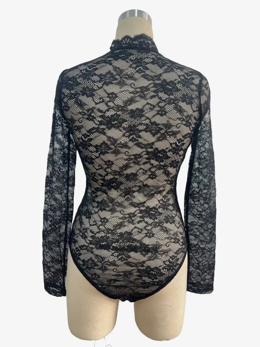 Body en dentelle florale à col montant et manches longues coupe ajustée pour femme 2026