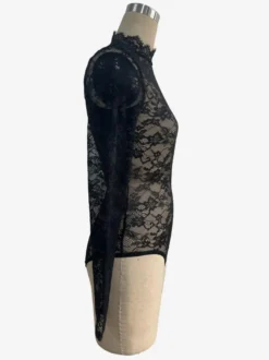Body en dentelle florale à col montant et manches longues coupe ajustée pour femme 2026
