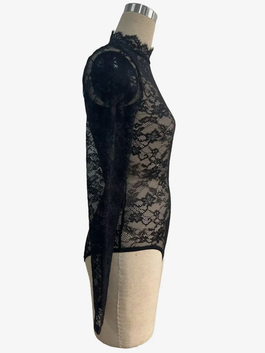 Body en dentelle florale à col montant et manches longues coupe ajustée pour femme 2026