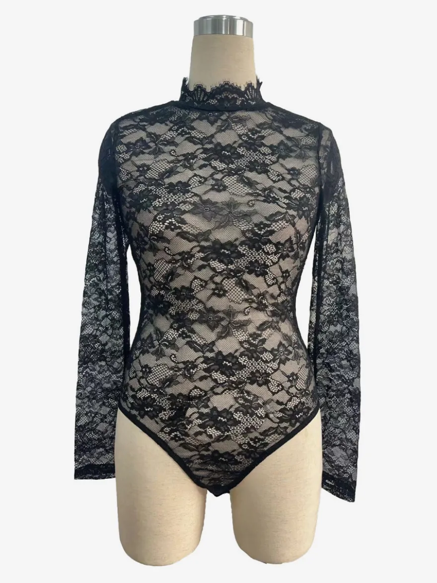 Body en dentelle florale à col montant et manches longues coupe ajustée pour femme 2026