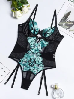 Body en dentelle florale turquoise Teddy avec jarretière armatures et découpes en résille pour femme