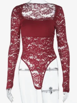 Body en dentelle transparente pour femme - Haut de justaucorps sexy à manches longues et coupe ajustée - Soirée printanière 2026