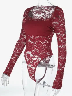 Body en dentelle transparente pour femme - Haut de justaucorps sexy à manches longues et coupe ajustée - Soirée printanière 2026