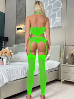 Body en résille à col montant décolleté ajouré bretelles fines bas longs lingerie en maille.