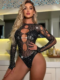 Body en résille à strass manches longues col rond découpe sur le devant et le côté lingerie en maille transparente
