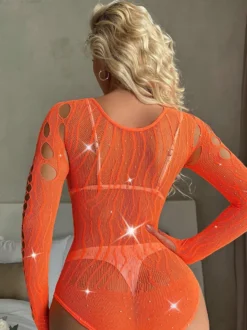 Body en résille à strass manches longues col rond découpe sur le devant et le côté lingerie en maille transparente