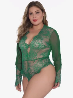 Body grande taille en dentelle transparente à manches longues et décolleté plongeant dans le dos lingerie sexy nuisette