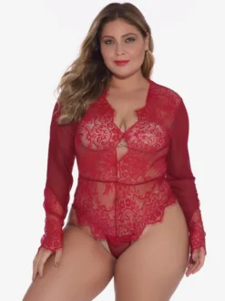 Body grande taille en dentelle transparente à manches longues et décolleté plongeant dans le dos lingerie sexy nuisette