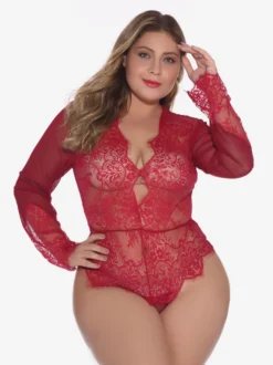 Body grande taille en dentelle transparente à manches longues et décolleté plongeant dans le dos lingerie sexy nuisette
