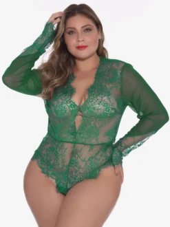 Body grande taille en dentelle transparente à manches longues et décolleté plongeant dans le dos lingerie sexy nuisette