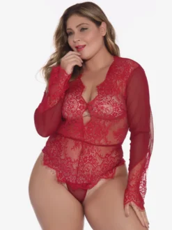Body grande taille en dentelle transparente à manches longues et décolleté plongeant dans le dos lingerie sexy nuisette