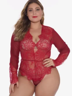 Body grande taille en dentelle transparente à manches longues et décolleté plongeant dans le dos lingerie sexy nuisette