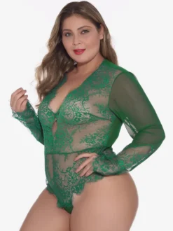 Body grande taille en dentelle transparente à manches longues et décolleté plongeant dans le dos lingerie sexy nuisette