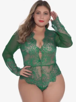 Body grande taille en dentelle transparente à manches longues et décolleté plongeant dans le dos lingerie sexy nuisette