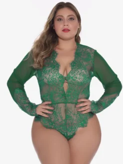Body grande taille en dentelle transparente à manches longues et décolleté plongeant dans le dos lingerie sexy nuisette