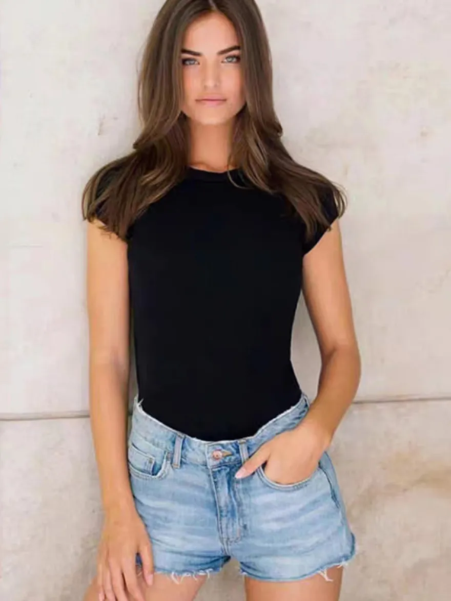 Body manches courtes café marron bijou cou passepoil décontracté Polyester femmes haut