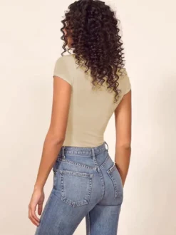 Body manches courtes café marron bijou cou passepoil décontracté Polyester femmes haut
